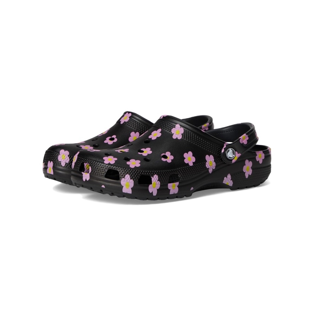 Black Clog Shoes with Pink Daisy Print - Croc-Style